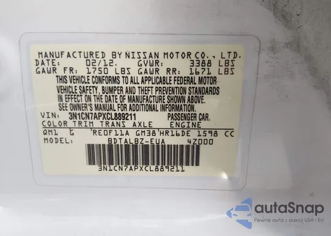 2012 Nissan Versa 1.6 Sv z USA, uszkodzony, nr VIN 3N1CN7APXCL889211